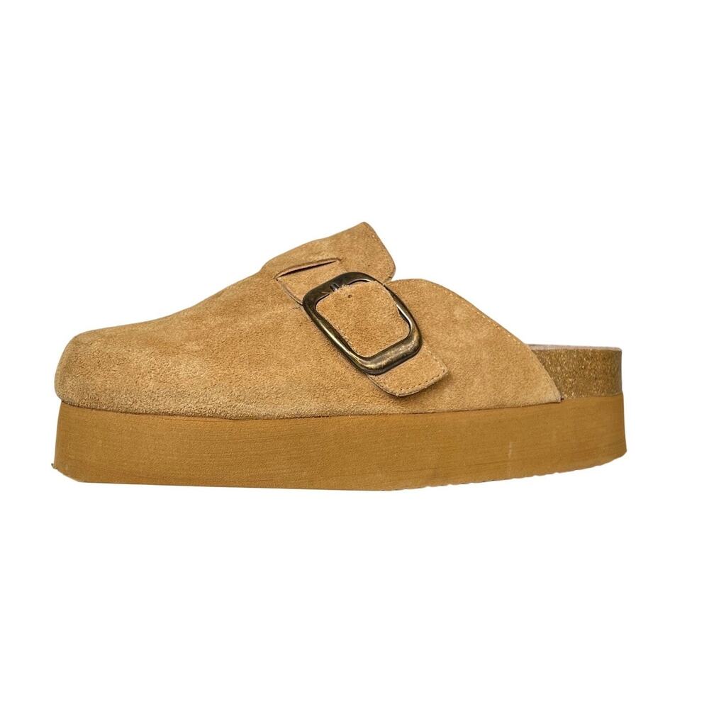 Platform Suede Mule with Oversized Buckle in Tan